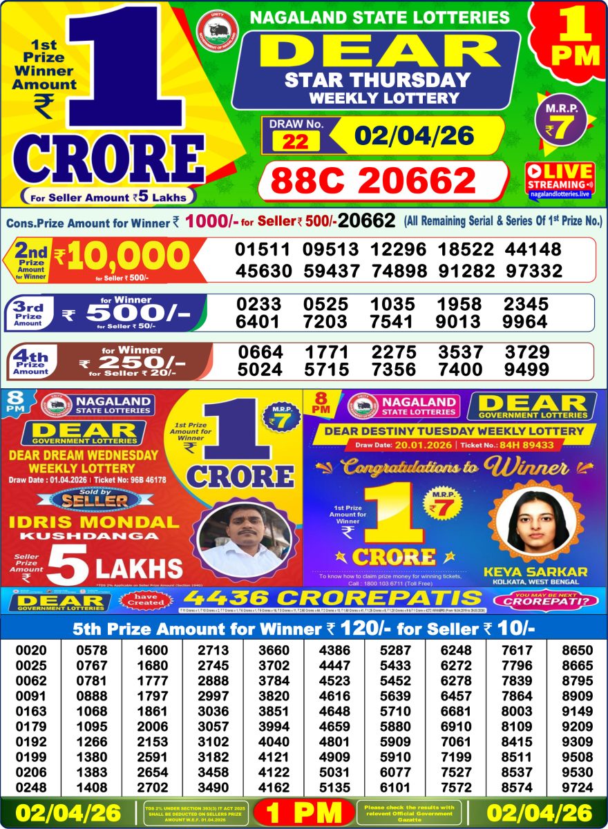Dear Star Thursday Weekly 1pm Result 02.04.2026