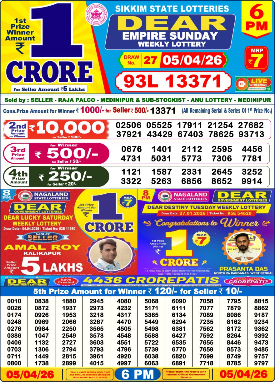 Dear Empire Sunday Weekly 6pm Result 05.04.2026