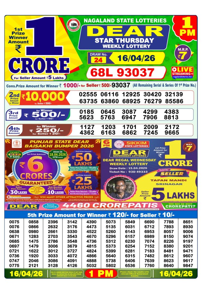 Dear Star Thursday Weekly 1pm Result 16.04.2026