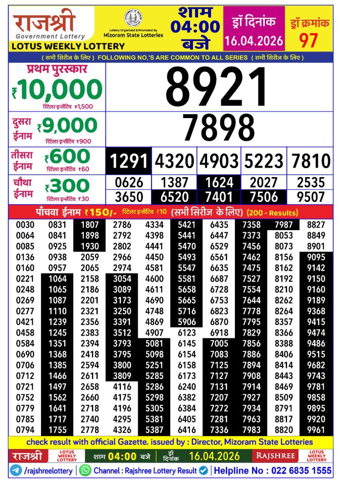Rajshree Lotus Weekly Lottery 4pm Result 16.04.2026