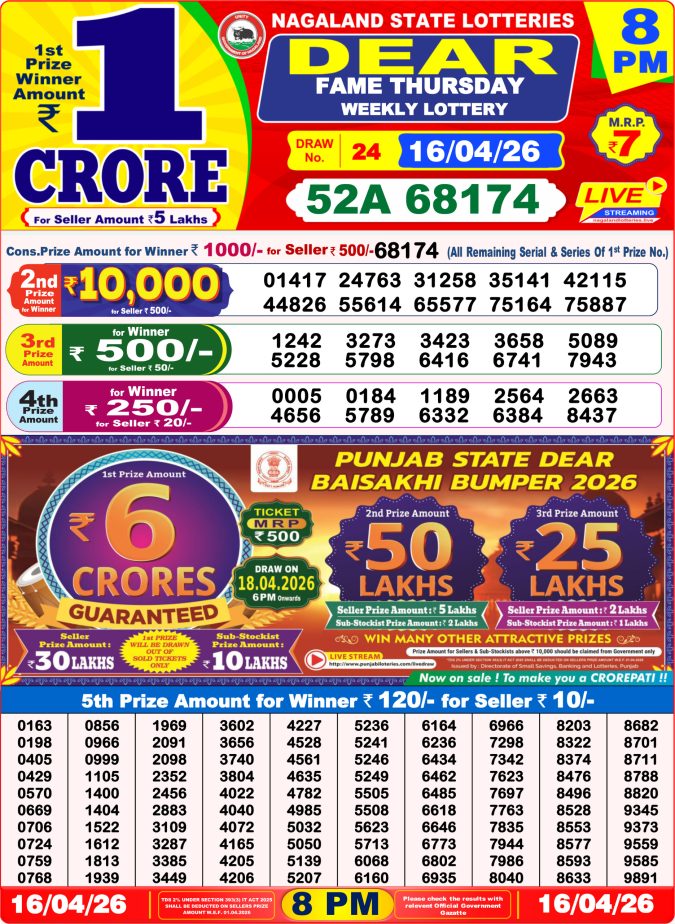 Dear Fame Thursday Weekly Lottery 8pm Result 16.04.2026