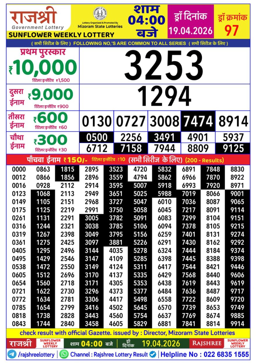 Rajshree Sunflower Sunday Weekly Lottery 4pm Result 19.04.2026