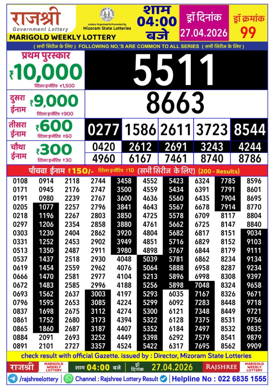 Rajshree Marigold Monday Weekly Lottery 4pm Result 27.04.2026