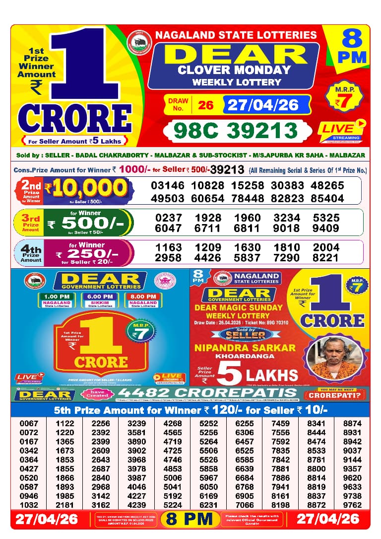 Dear Clover Weekly Lottery 8pm Result 27.04.2026
