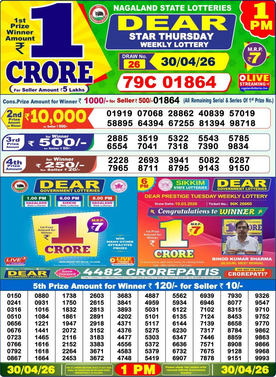 Dear Star Thursday Weekly 1pm Result 30.04.2026