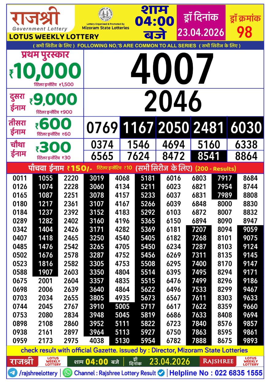 Rajshree Lotus Weekly Lottery 4pm Result 23.04.2026