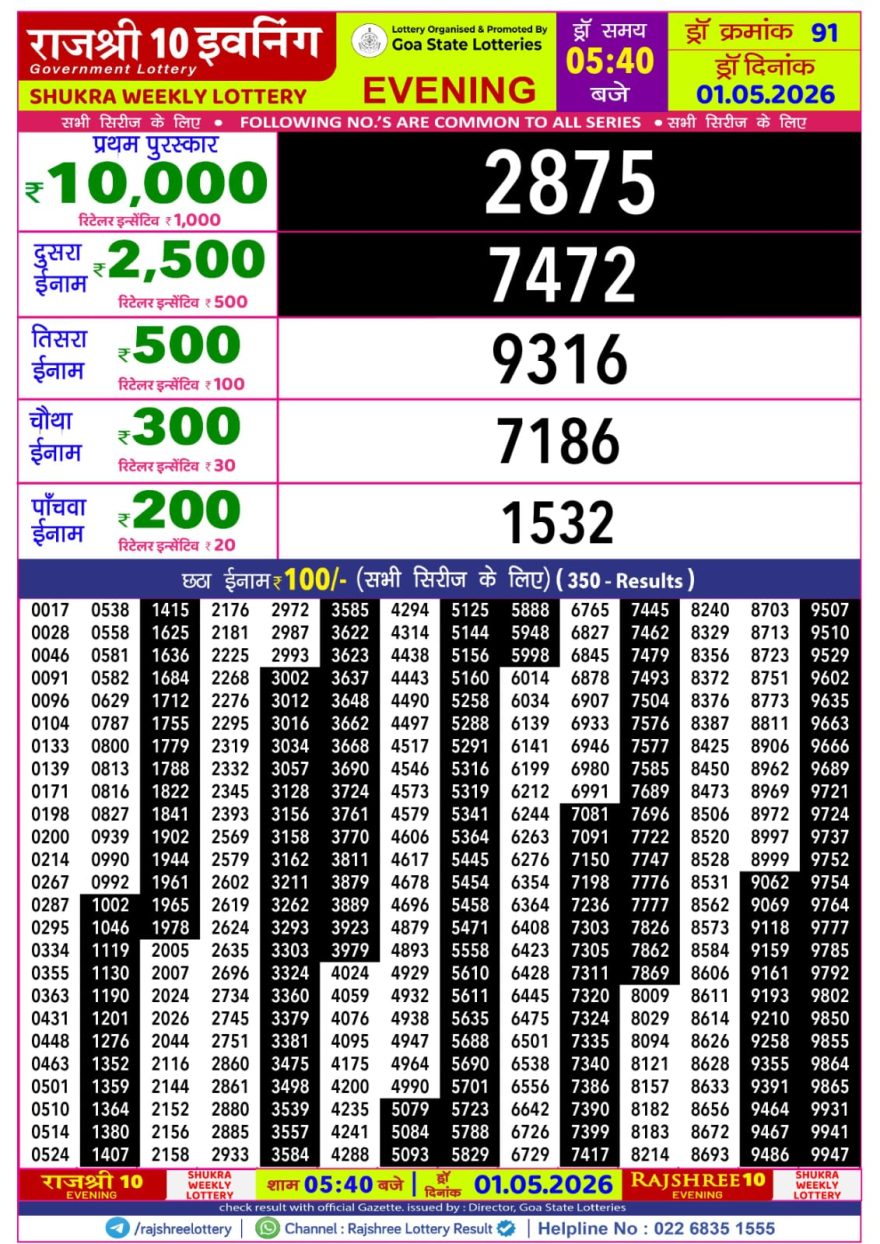 Rajshree 10 Evening Friday 5:40pm Result 01.05.2026