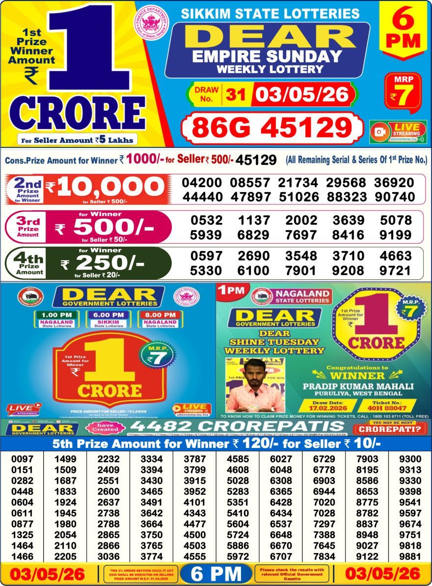 Dear Empire Sunday Weekly 6pm Result 03.05.2026