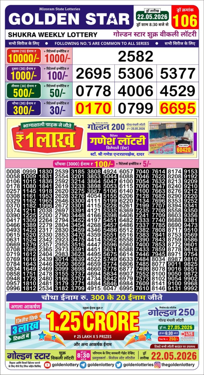 Golden Star Weekly Lottery Result 8:30PM 22.05.2026