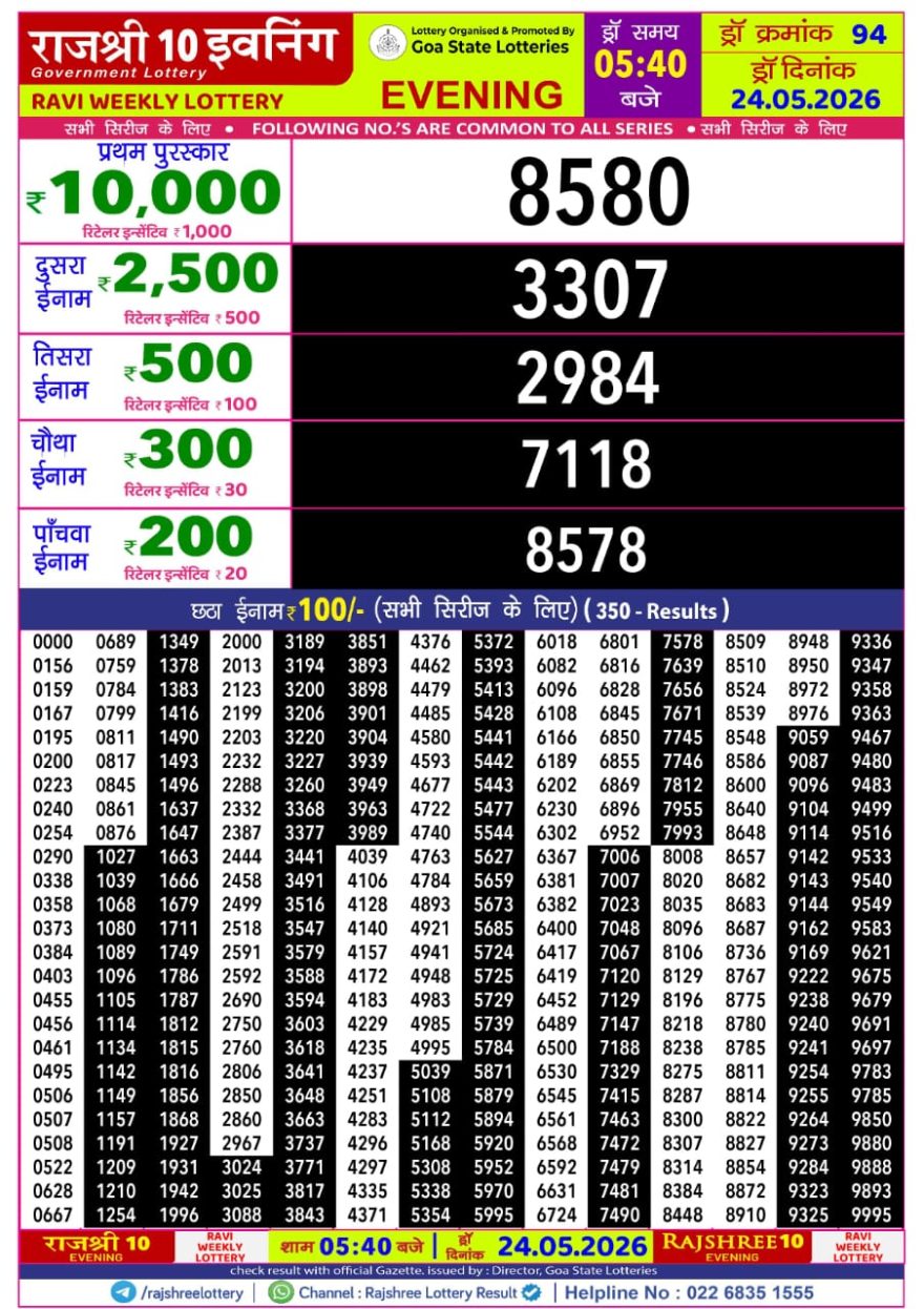 Rajshree 10 Evening Sunday 5:40pm Result 24.05.2026