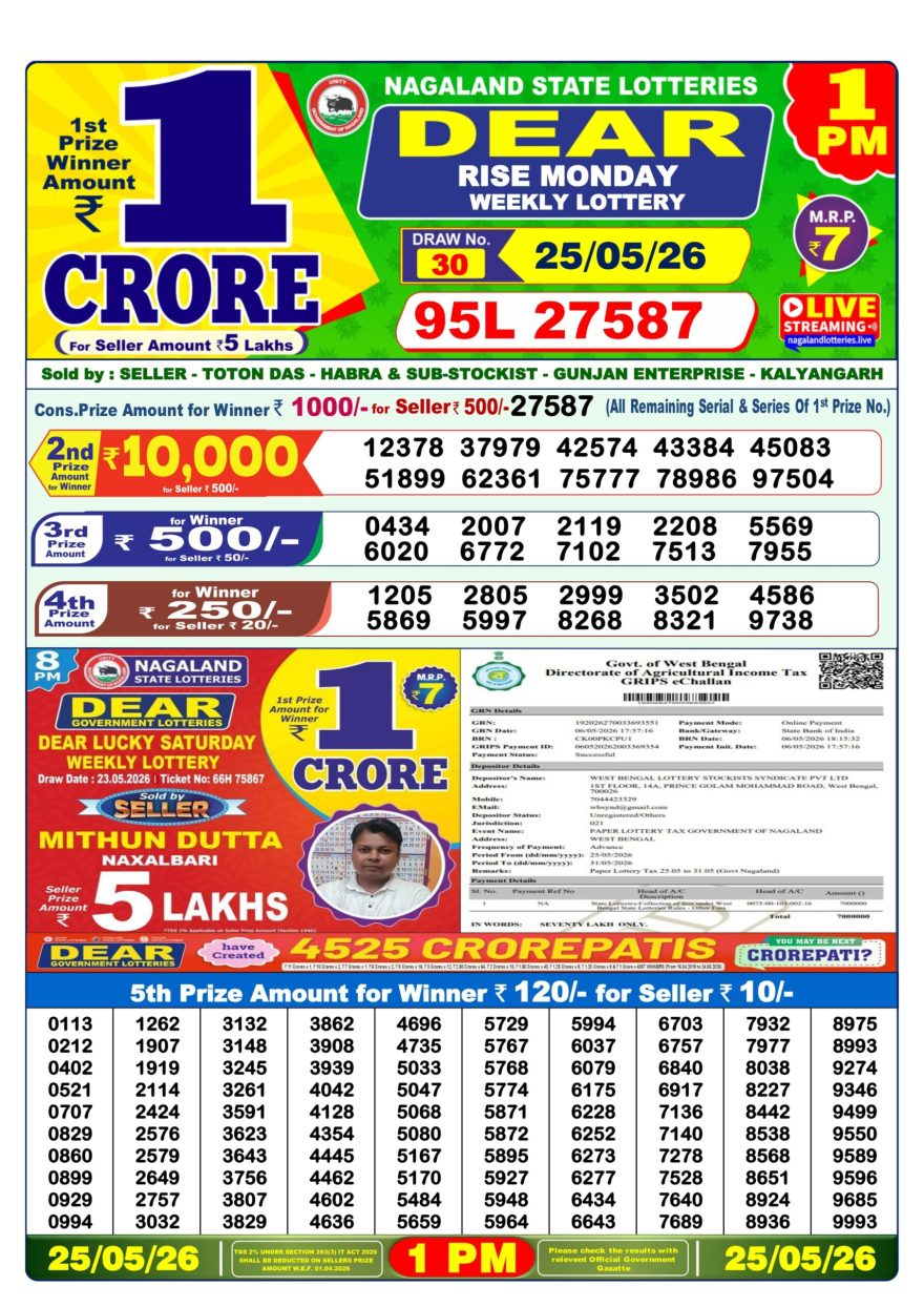 Dear Rise Monday Weekly 1pm Result 25.05.2026