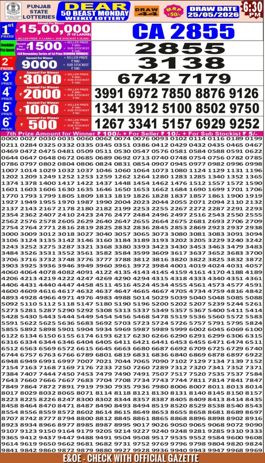 Punjab State Dear 50 6:30pm Lottery Result 25.05.2026