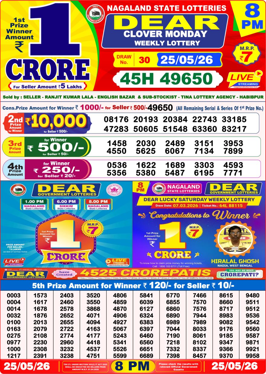 Dear Clover Weekly Lottery 8pm Result 25.05.2026
