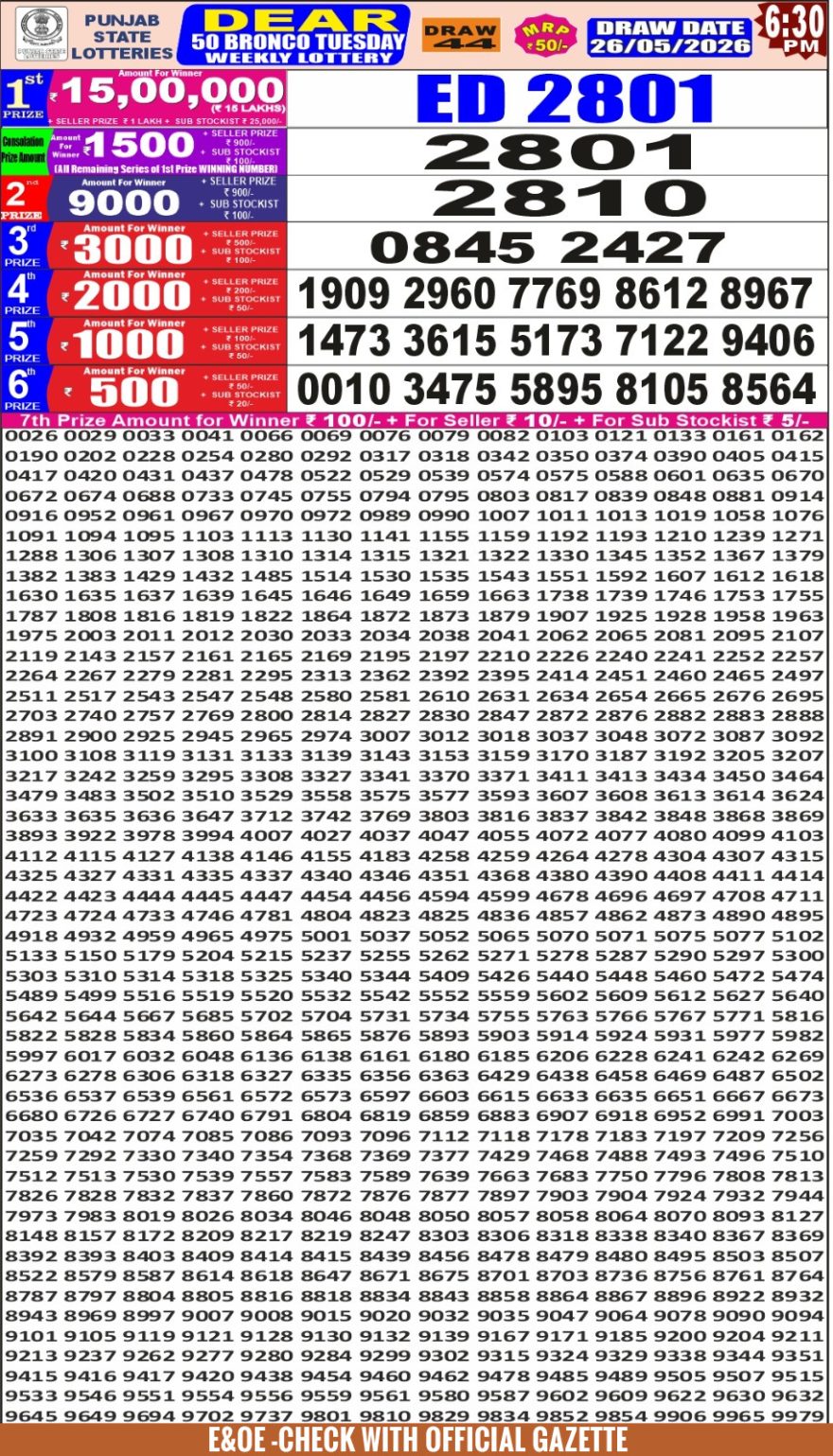 Punjab State Dear 50 6:30pm Lottery Result 26.05.2026