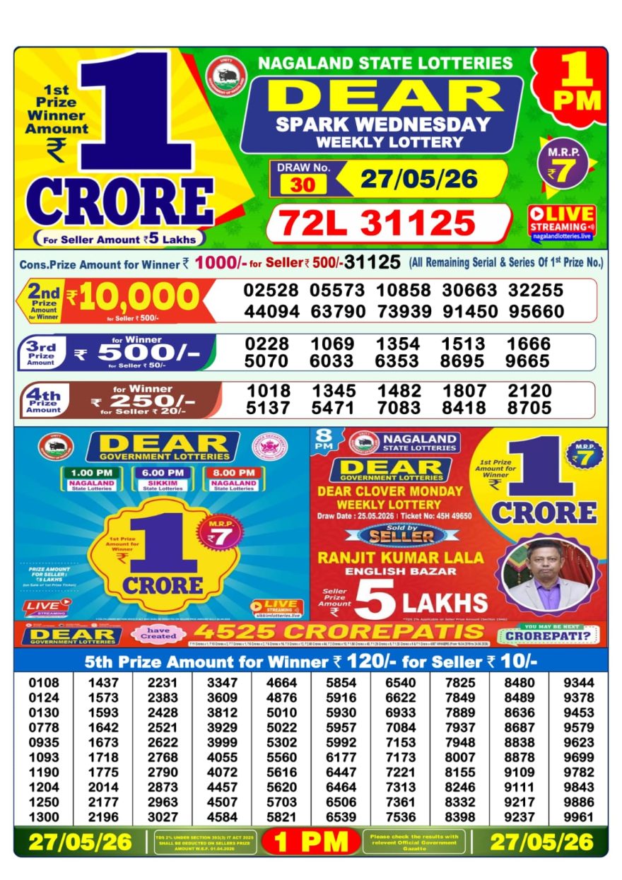 Dear Spark Wednesday Weekly 1pm Result 27.05.2026