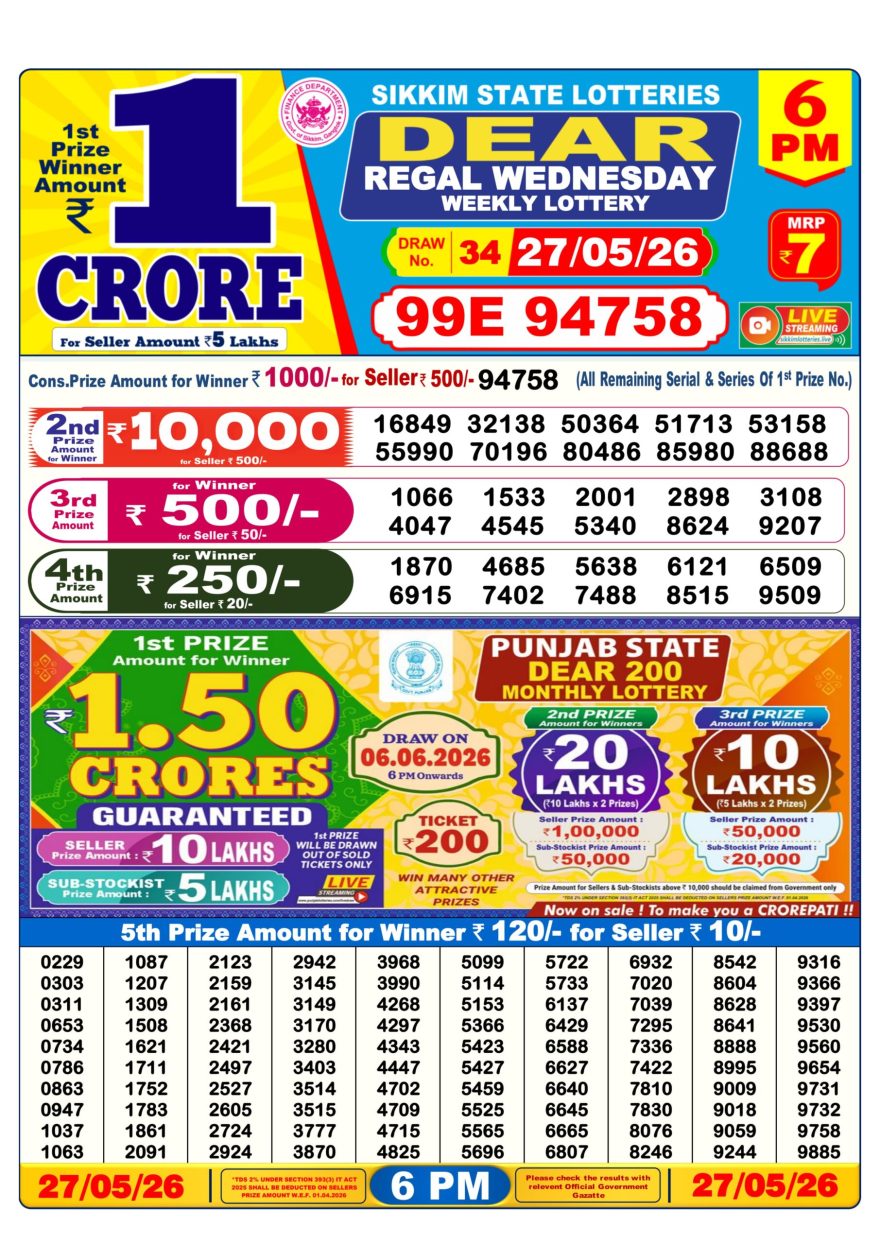 Dear Regal Wednesday Weekly Lottery 6pm Result 27.05.2026