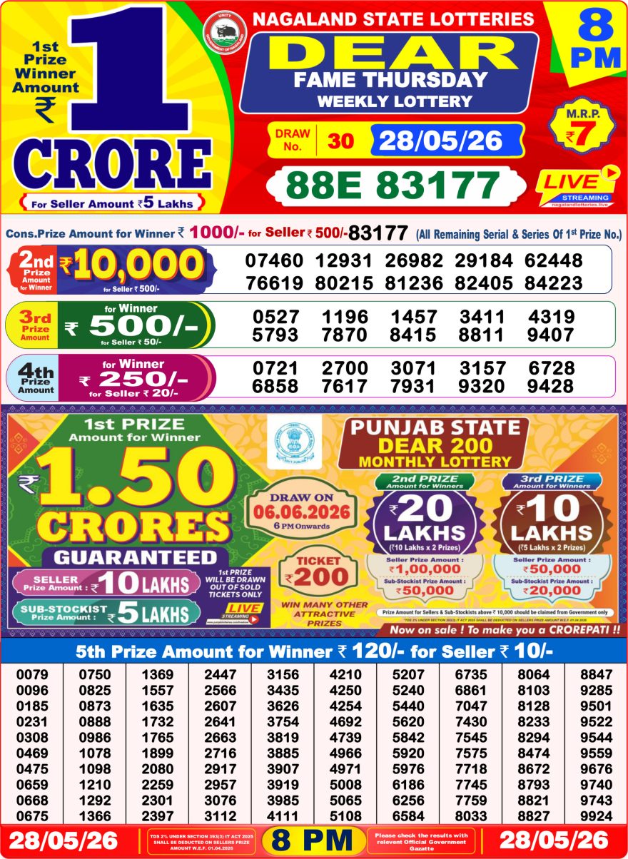 Dear Fame Thursday Weekly Lottery 8pm Result 28.05.2026