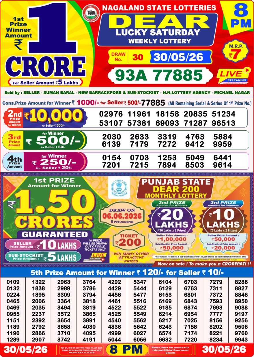 Dear Lucky Weekly Lottery 8pm Result 30.05.2026