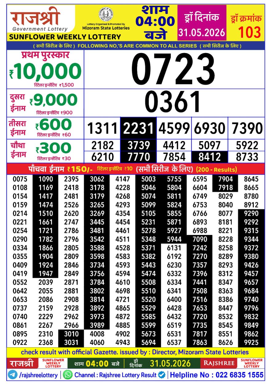Rajshree Sunflower Sunday Weekly Lottery 4pm Result 31.05.2026