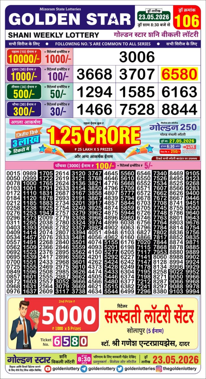 Golden Star Weekly Lottery Result 8:30PM 23.05.2026