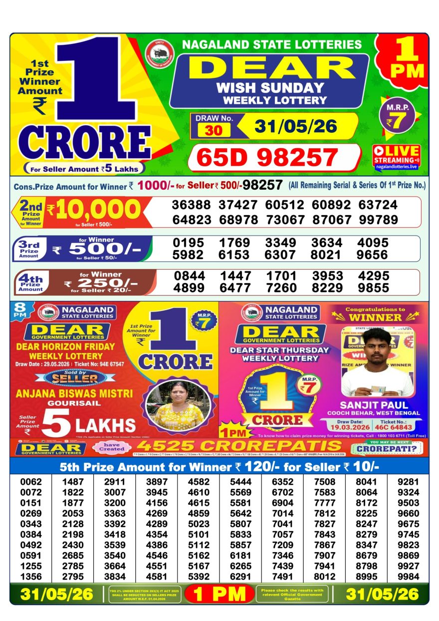 Dear Wish Sunday Weekly 1pm Result 31.05.2026