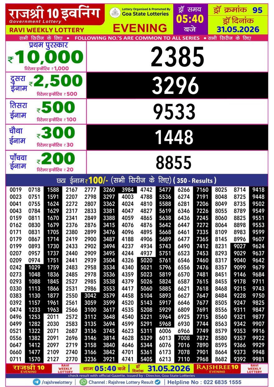 Rajshree 10 Evening Sunday 5:40pm Result 31.05.2026