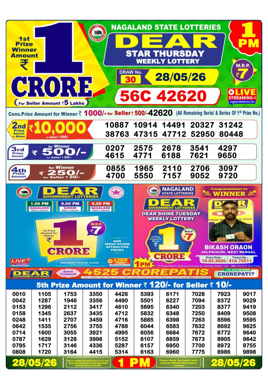 Dear Star Thursday Weekly 1pm Result 28.05.2026