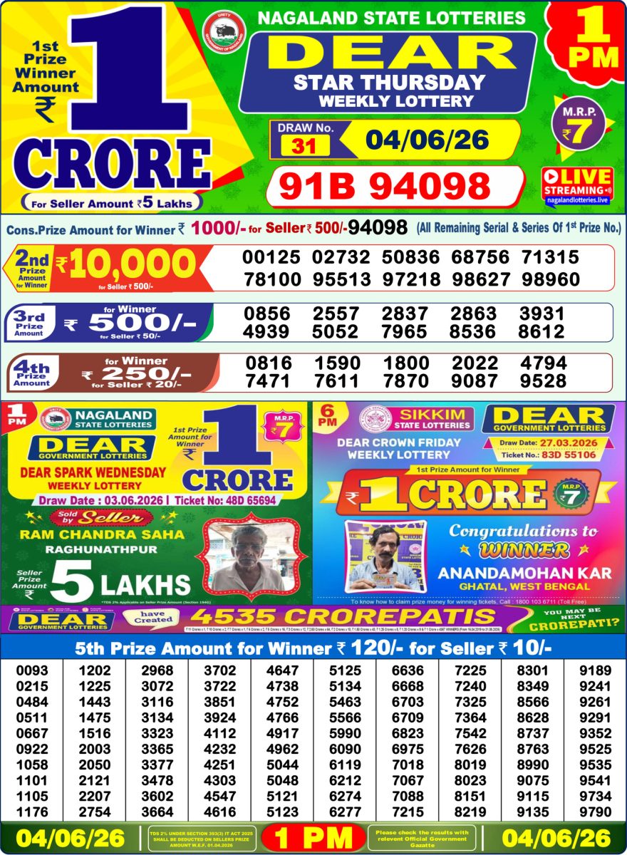 Dear Star Thursday Weekly 1pm Result 04.06.2026