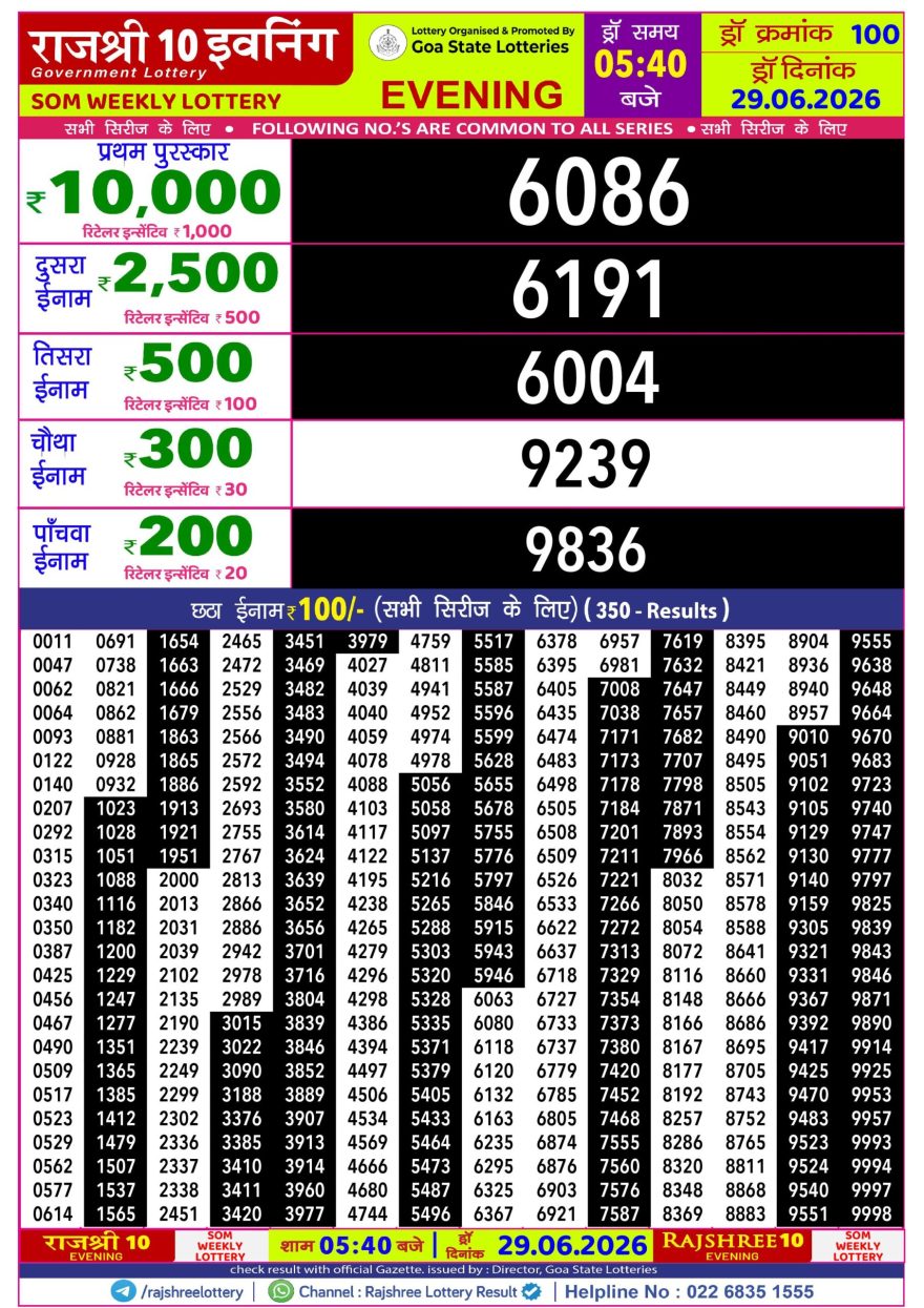 Rajshree 10 Evening Monday 5:40pm Result 29.06.2026