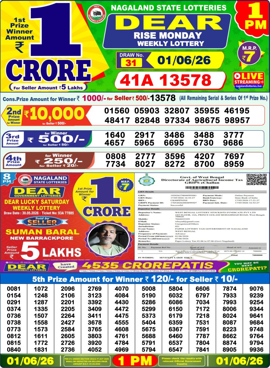 Dear Rise Monday Weekly 1pm Result 01.06.2026