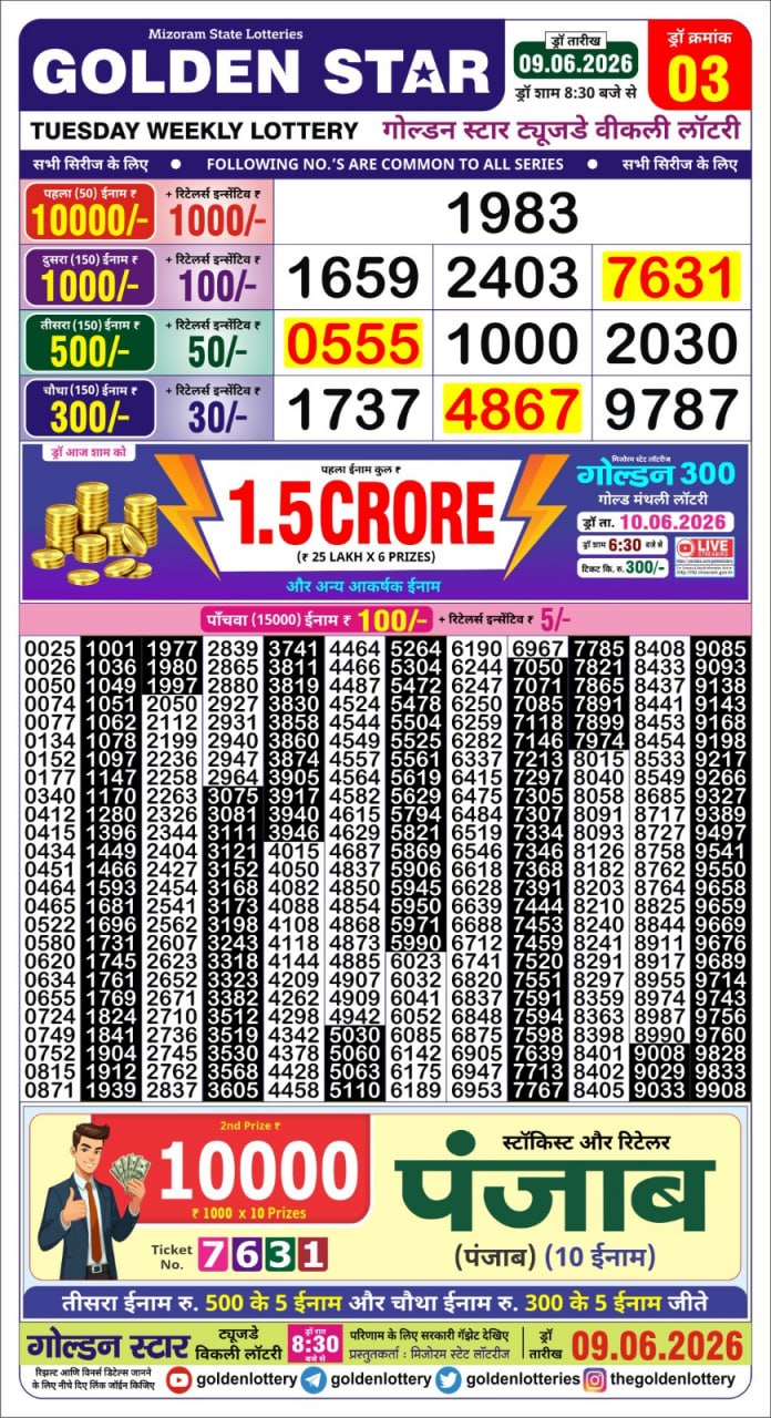Golden Star Weekly Lottery Result 8:30PM 09.06.2026