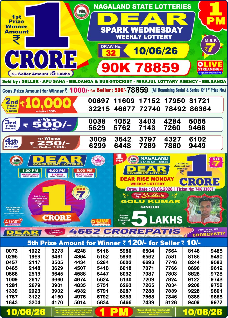 Dear Spark Wednesday Weekly 1pm Result 10.06.2026