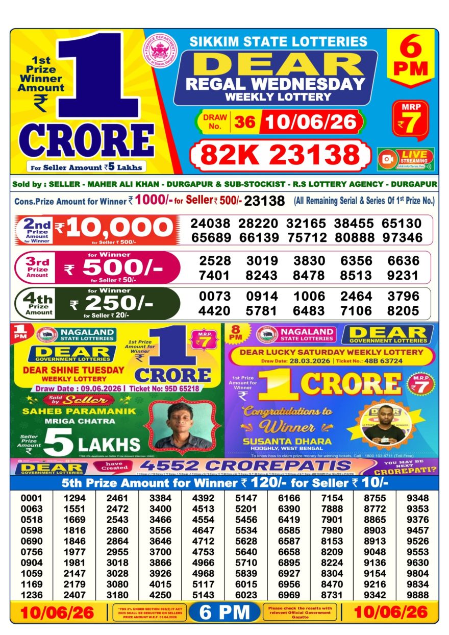 Dear Regal Wednesday Weekly Lottery 6pm Result 10.06.2026