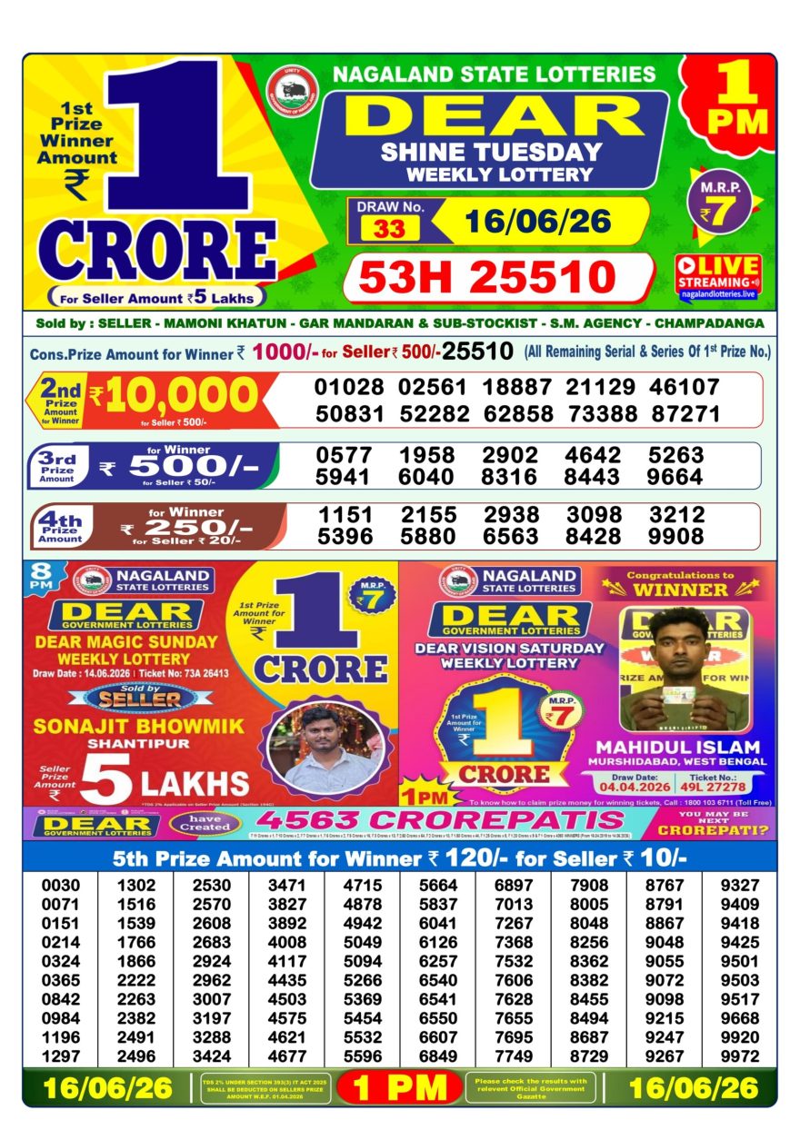 Dear Shine Tuesday Weekly 1pm Result 16.06.2026