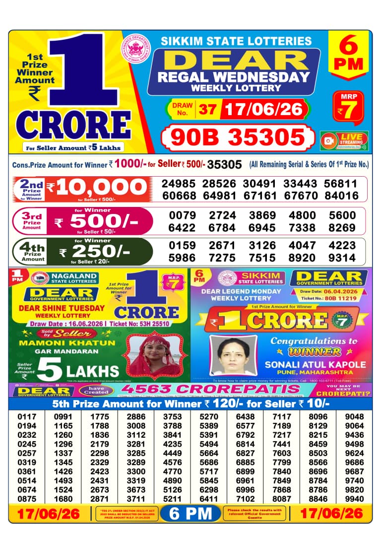 Dear Regal Wednesday Weekly Lottery 6pm Result 17.06.2026