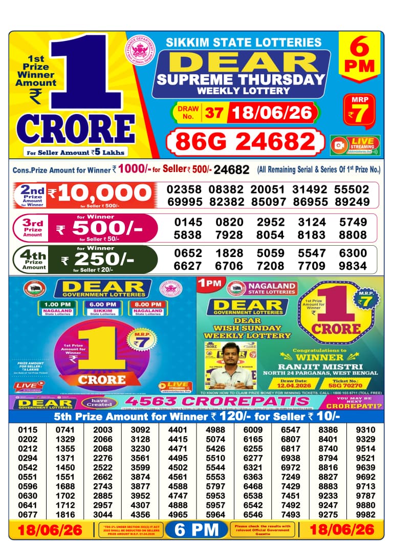 Dear Supreme Thursday Weekly 6pm Result 18.06.2026