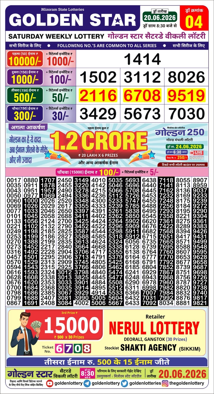 Golden Star Weekly Lottery Result 8:30PM 20.06.2026