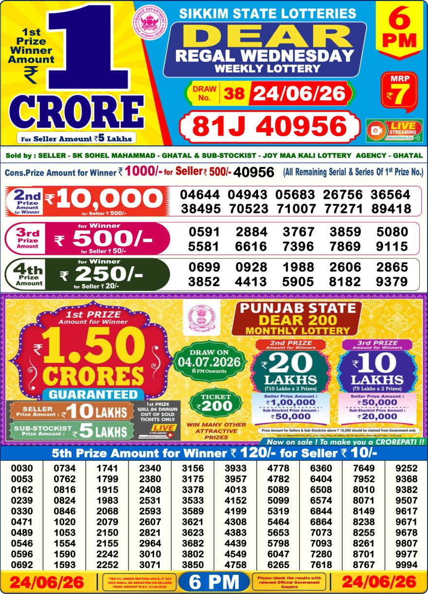 Dear Regal Wednesday Weekly Lottery 6pm Result 24.06.2026