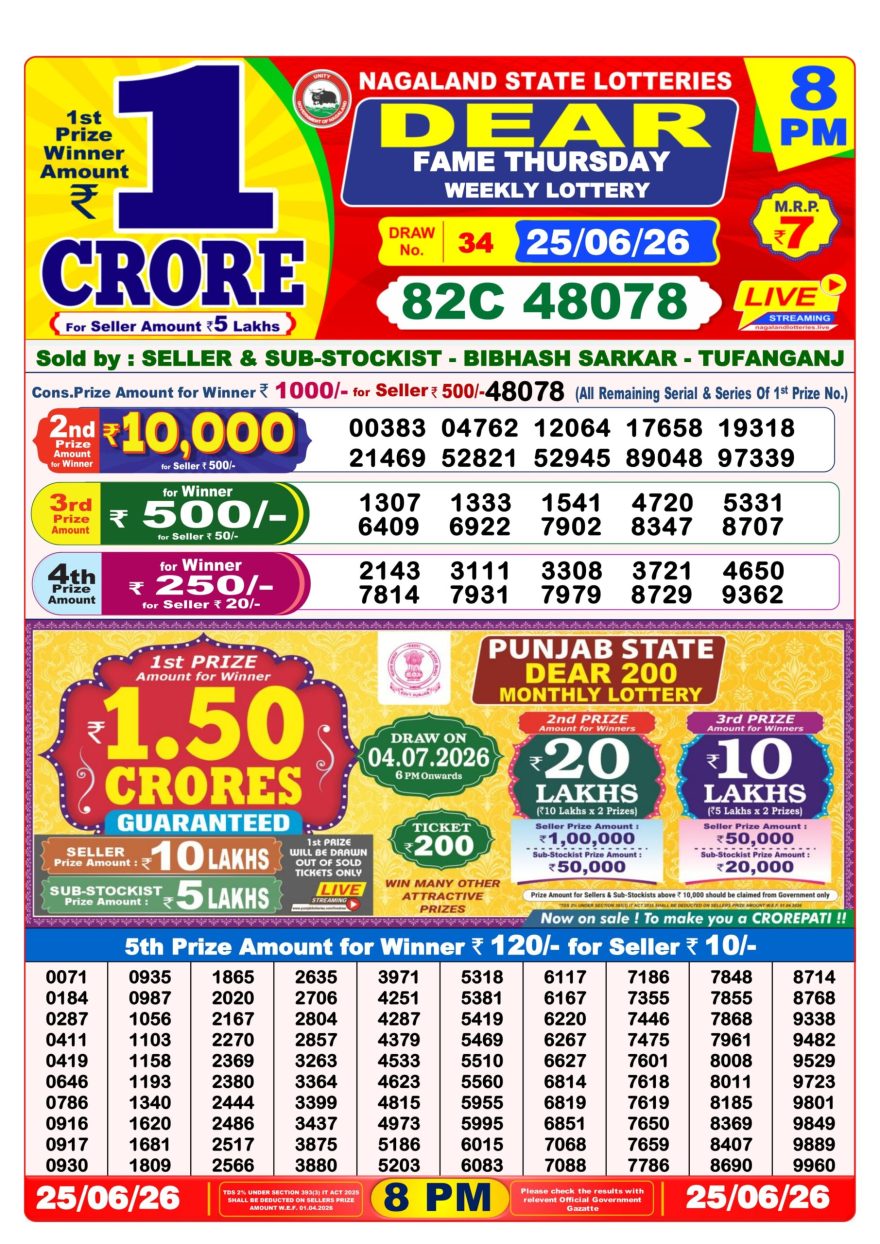Dear Fame Thursday Weekly Lottery 8pm Result 25.06.2026