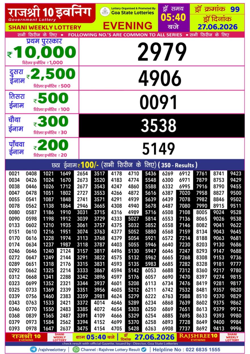Rajshree 10 Evening Saturday 5:40pm Result 27.06.2026