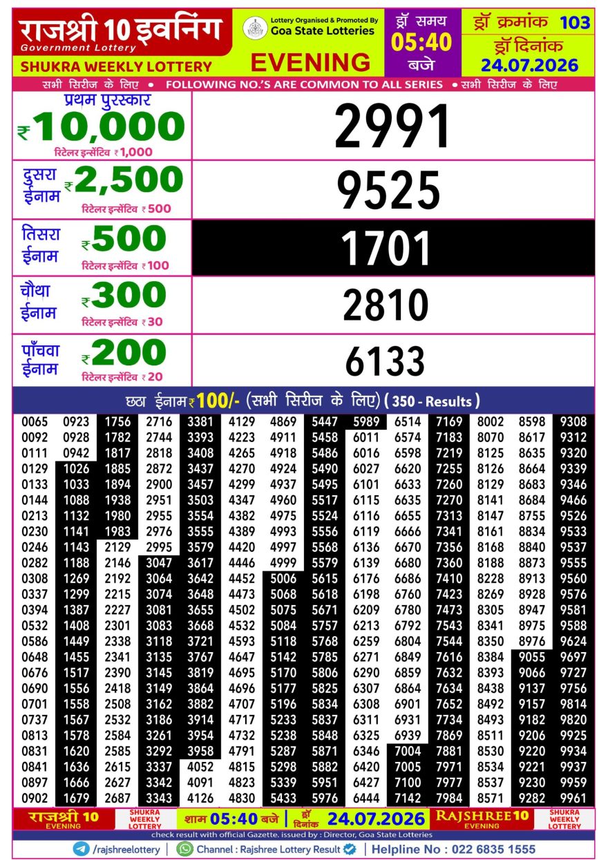 Rajshree 10 Evening Friday 5:40pm Result 24.07.2026