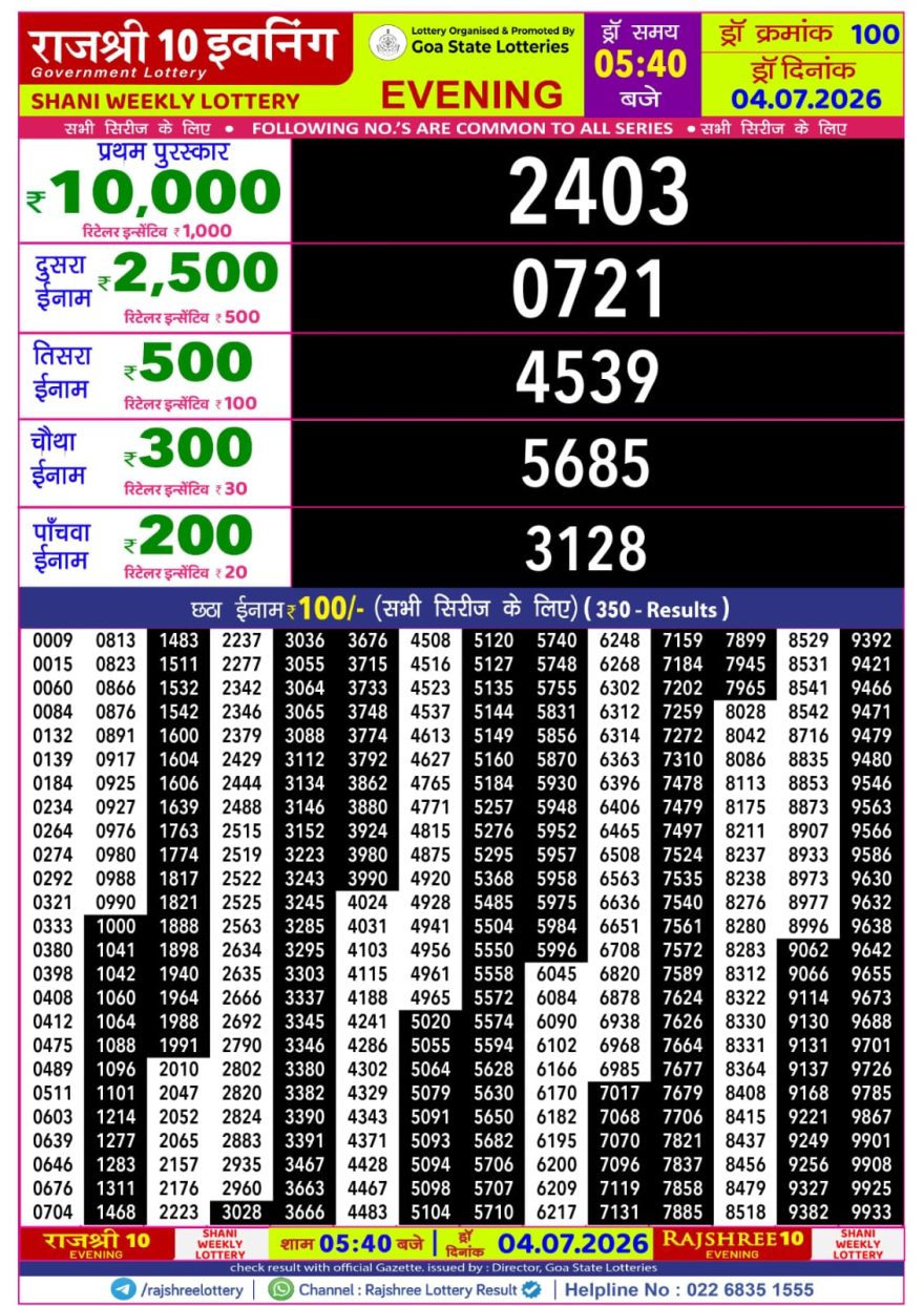 Rajshree 10 Evening Saturday 5:40pm Result 04.07.2026