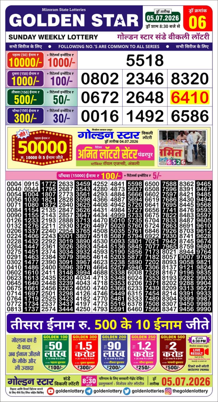 Golden Star Weekly Lottery Result 8:30PM 05.07.2026