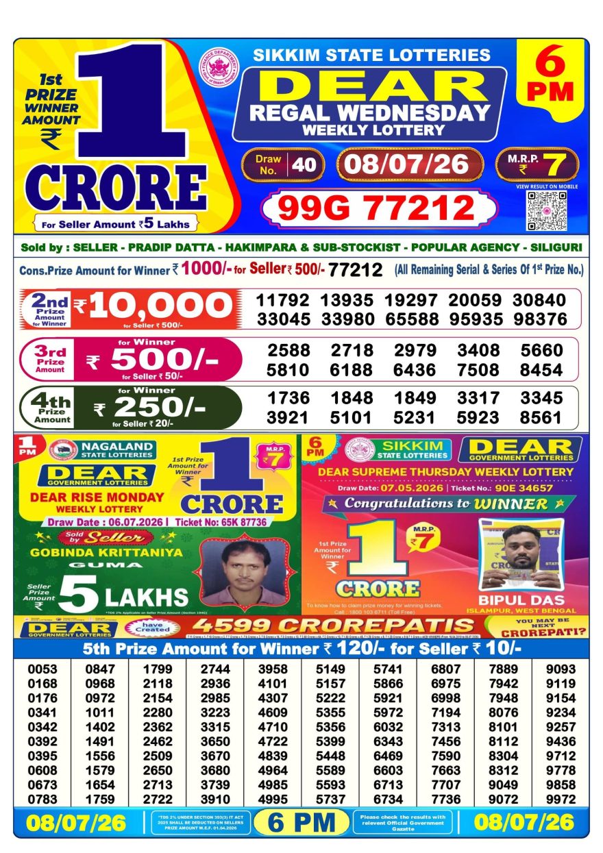 Dear Regal Wednesday Weekly Lottery 6pm Result 08.07.2026