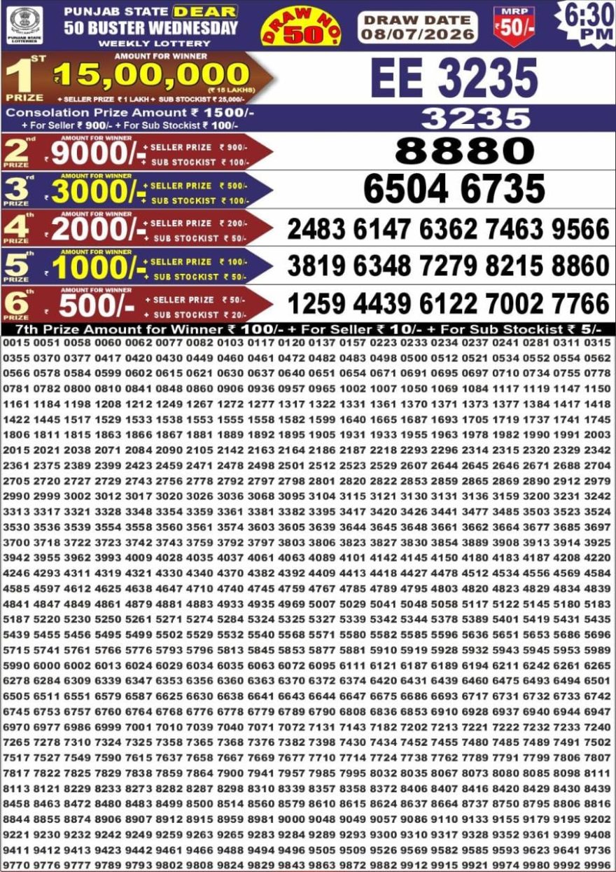 Punjab State Dear 50 6:30pm Lottery Result 08.07.2026