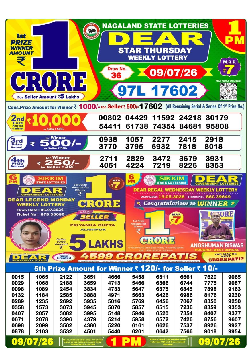 Dear Star Thursday Weekly 1pm Result 09.07.2026