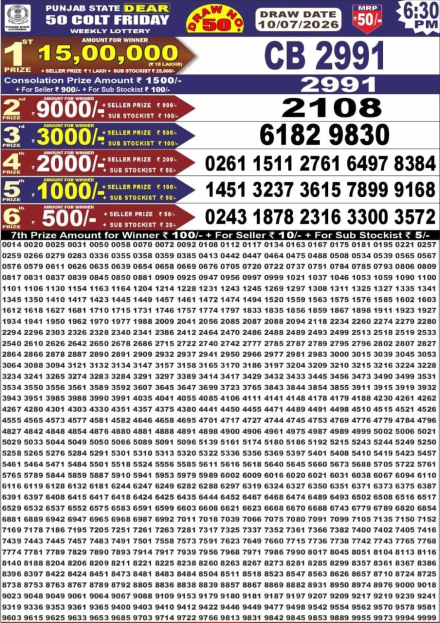 Punjab State Dear 50 6:30pm Lottery Result 10.07.2026