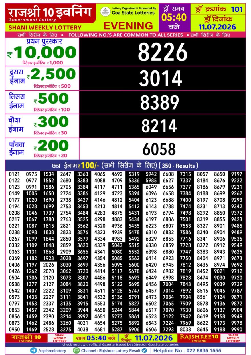 Rajshree 10 Evening Saturday 5:40pm Result 11.07.2026