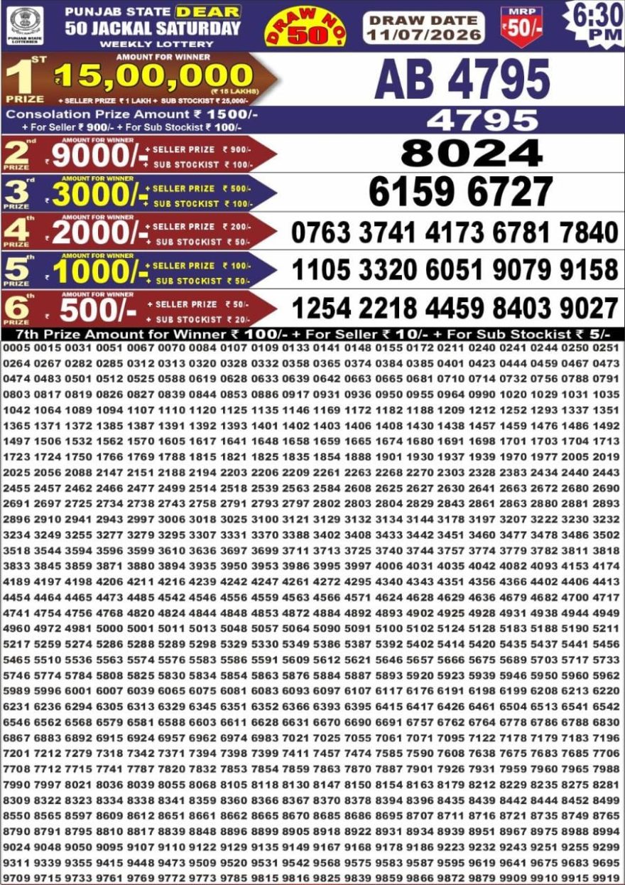 Punjab State Dear 50 6:30pm Lottery Result 11.07.2026