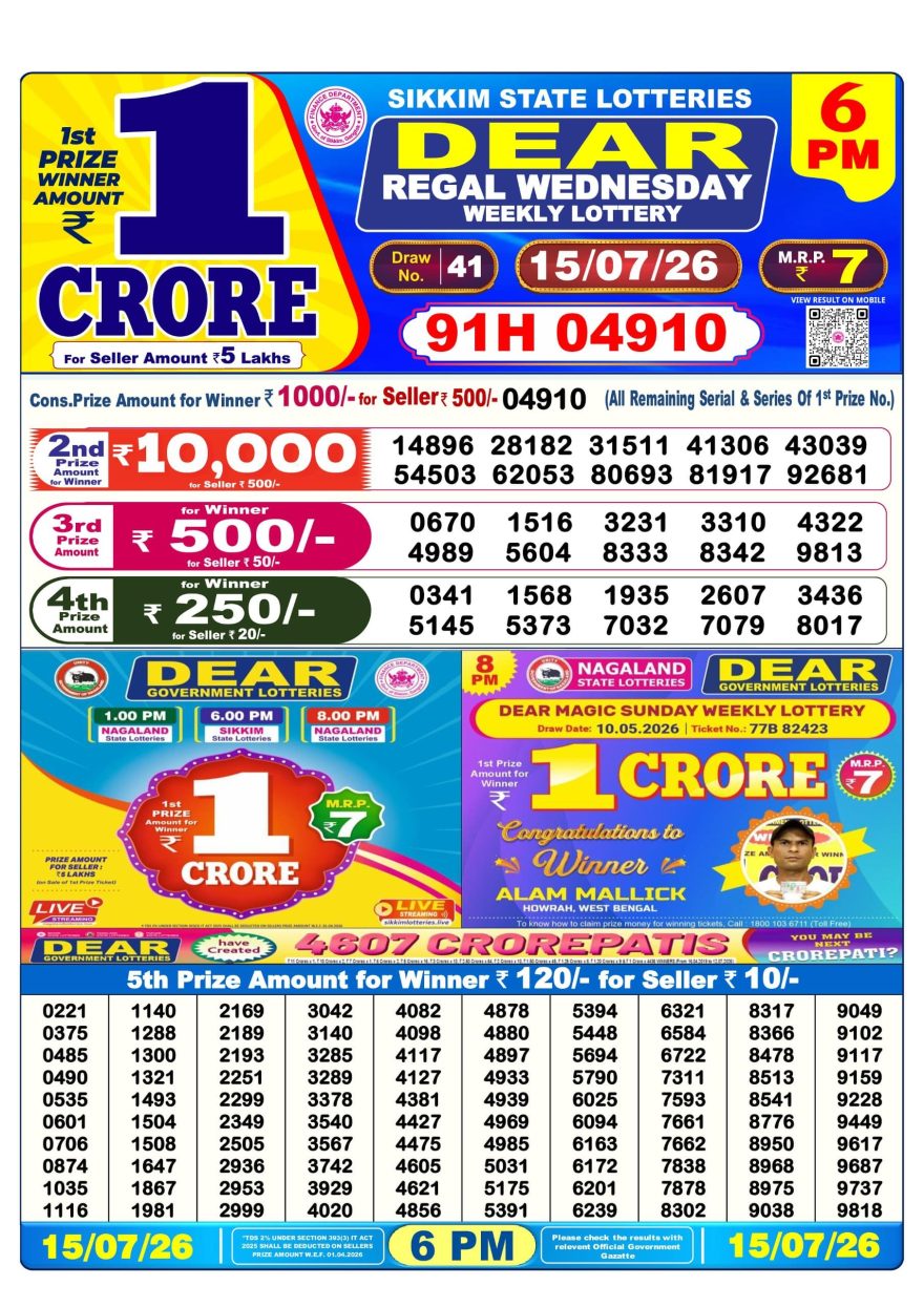 Dear Regal Wednesday Weekly Lottery 6pm Result 15.07.2026